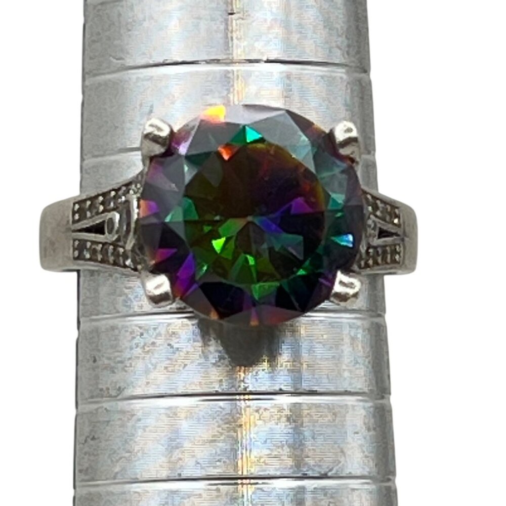 Sterling Silver Mystic Topaz Ring Sz 9 Rainbow 12mm Stone CZ Accents Art Deco